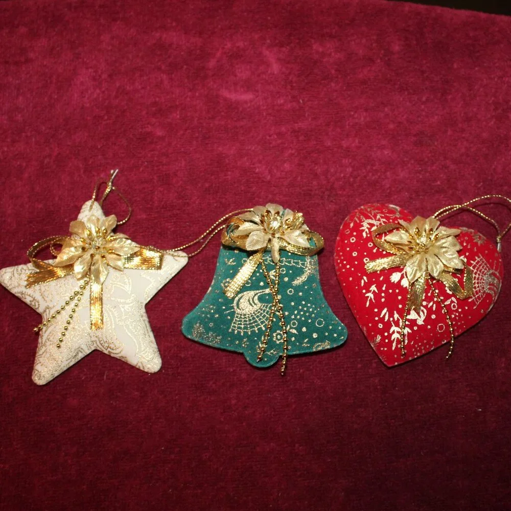 Vintage Velvet Christmas Oranments - Set of 3 , Heart, Bell, Star